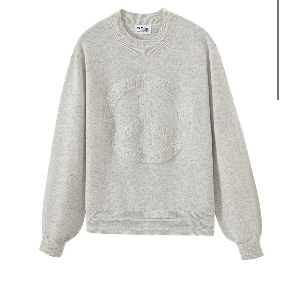 27 Miles Malibu Gray 100% Cashmere Peace Sign Intarsia Crewneck Sweater Large - Picture 2 of 13